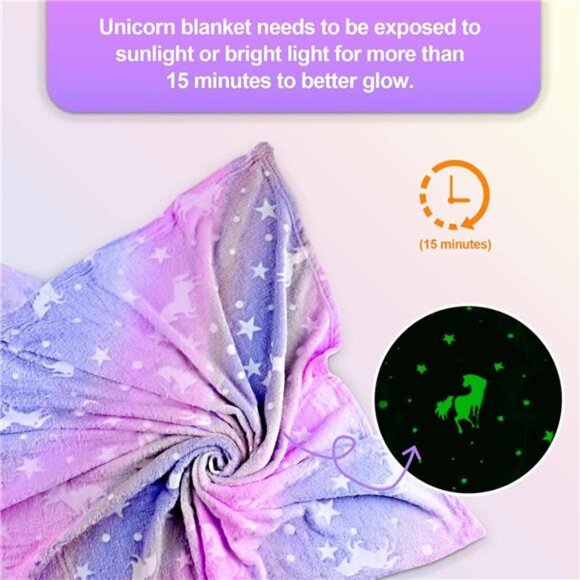 Unicorn Glow in The Dark Blanket Girls Kids Toddler Soft Fleece Throw Gift 40x60 - Picture 3 of 7